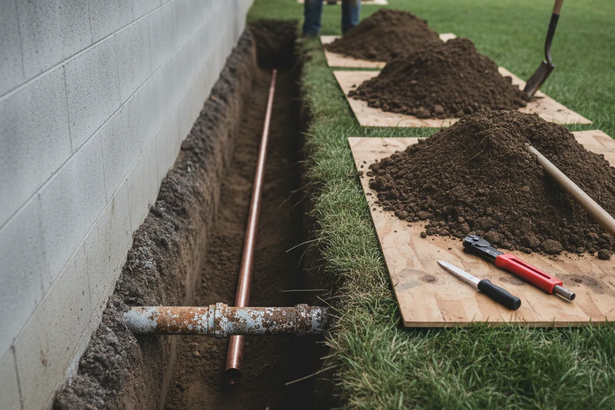 Excavated water line trench during Water Softener Installation in Eagle